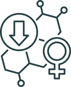 Chemical structure with female symbol and downward arrow indicating hormonal decline
